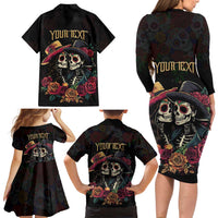 Personalised Sugar Skull Couple Valentine Family Matching Long Sleeve Bodycon Dress and Hawaiian Shirt Roses Romantic Love