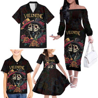 Personalised Sugar Skull Couple Valentine Family Matching Off The Shoulder Long Sleeve Dress and Hawaiian Shirt Roses Romantic Love