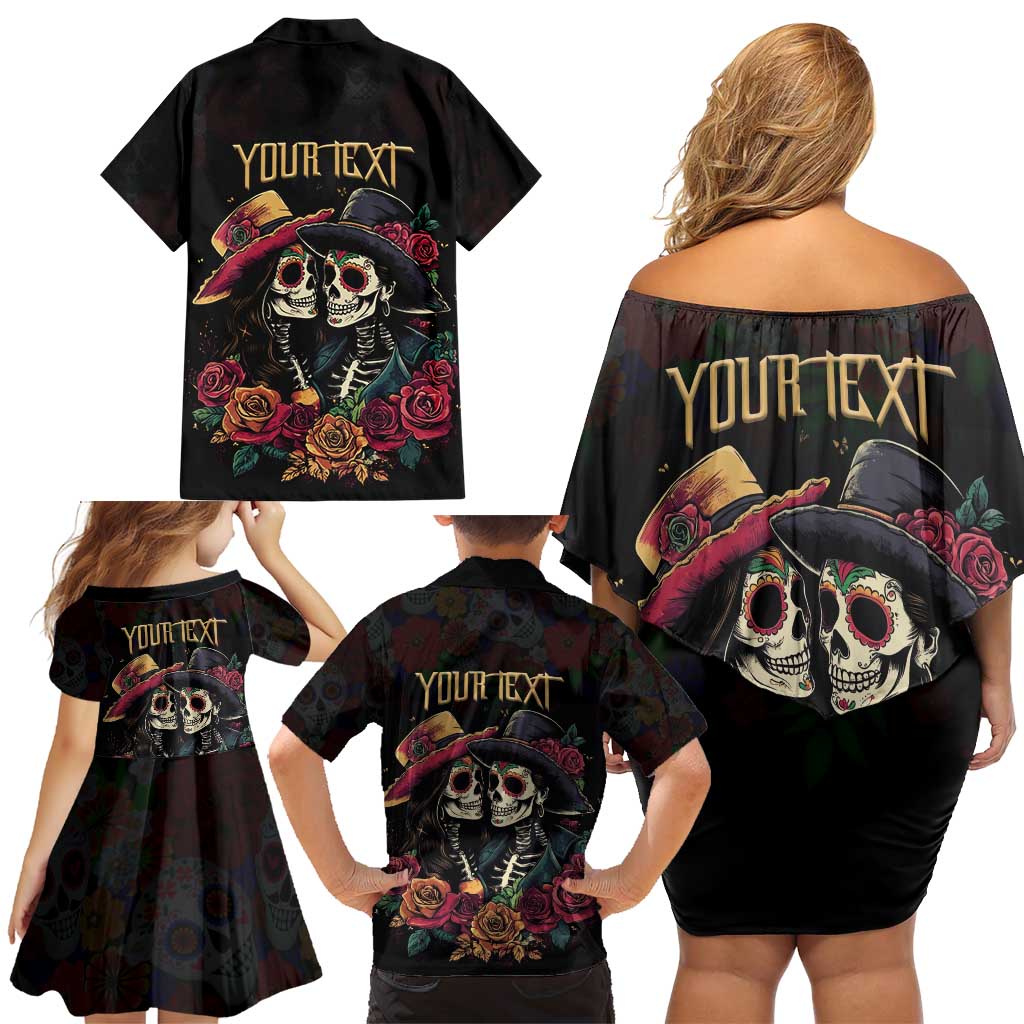 Personalised Sugar Skull Couple Valentine Family Matching Off Shoulder Short Dress and Hawaiian Shirt Roses Romantic Love