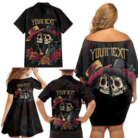 Personalised Sugar Skull Couple Valentine Family Matching Off Shoulder Short Dress and Hawaiian Shirt Roses Romantic Love