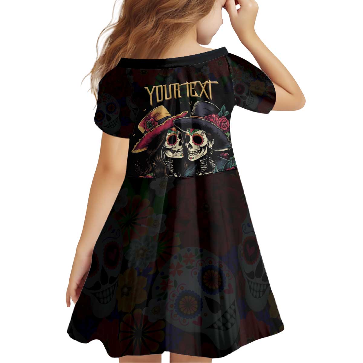 Personalised Sugar Skull Couple Valentine Kid Short Sleeve Dress Roses Romantic Love