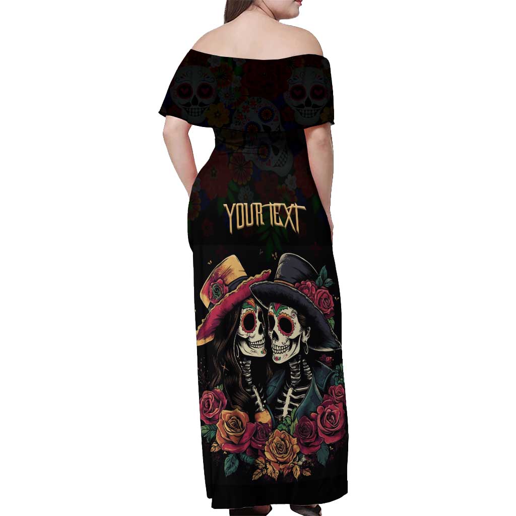 Personalised Sugar Skull Couple Valentine Off Shoulder Maxi Dress Roses Romantic Love