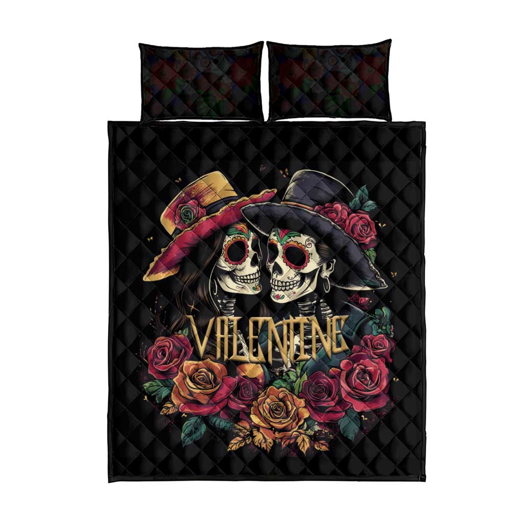 Sugar Skull Couple Valentine Quilt Bed Set Roses Romantic Love
