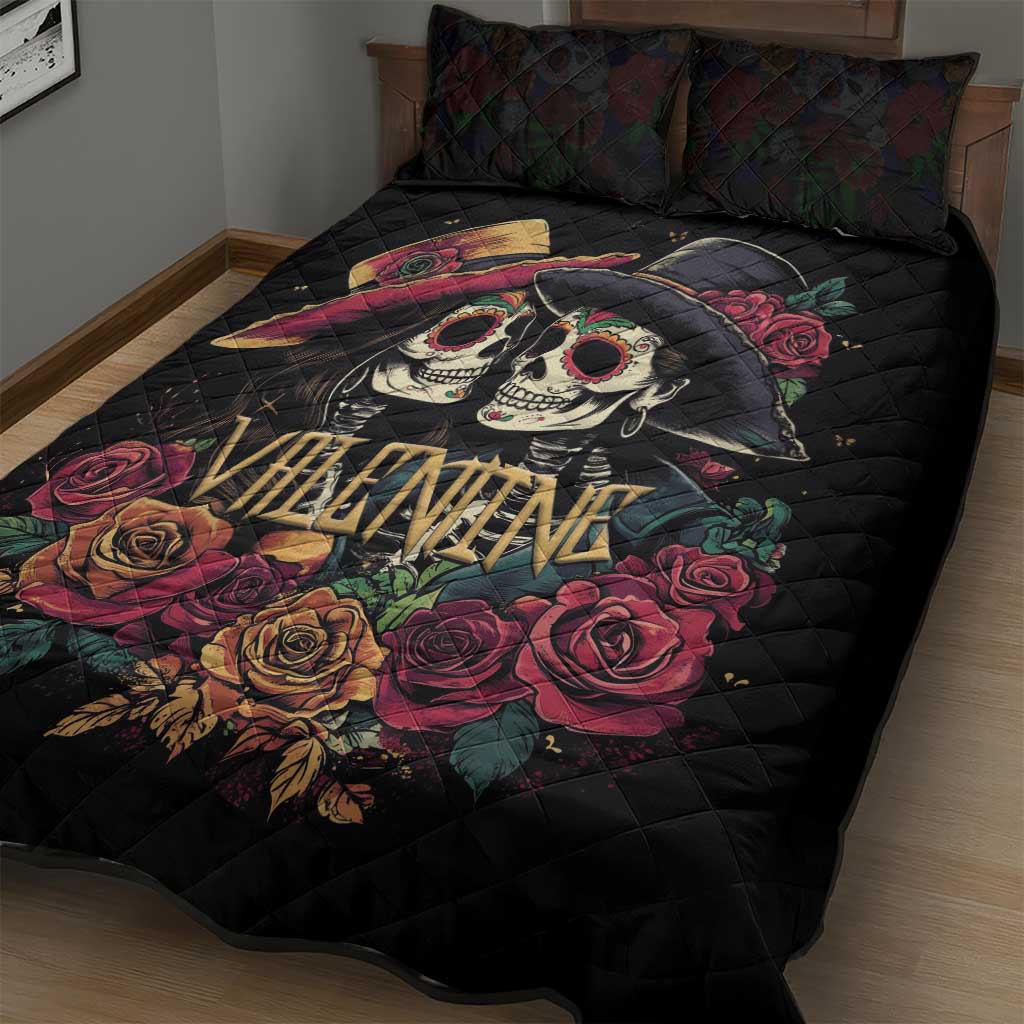 Sugar Skull Couple Valentine Quilt Bed Set Roses Romantic Love