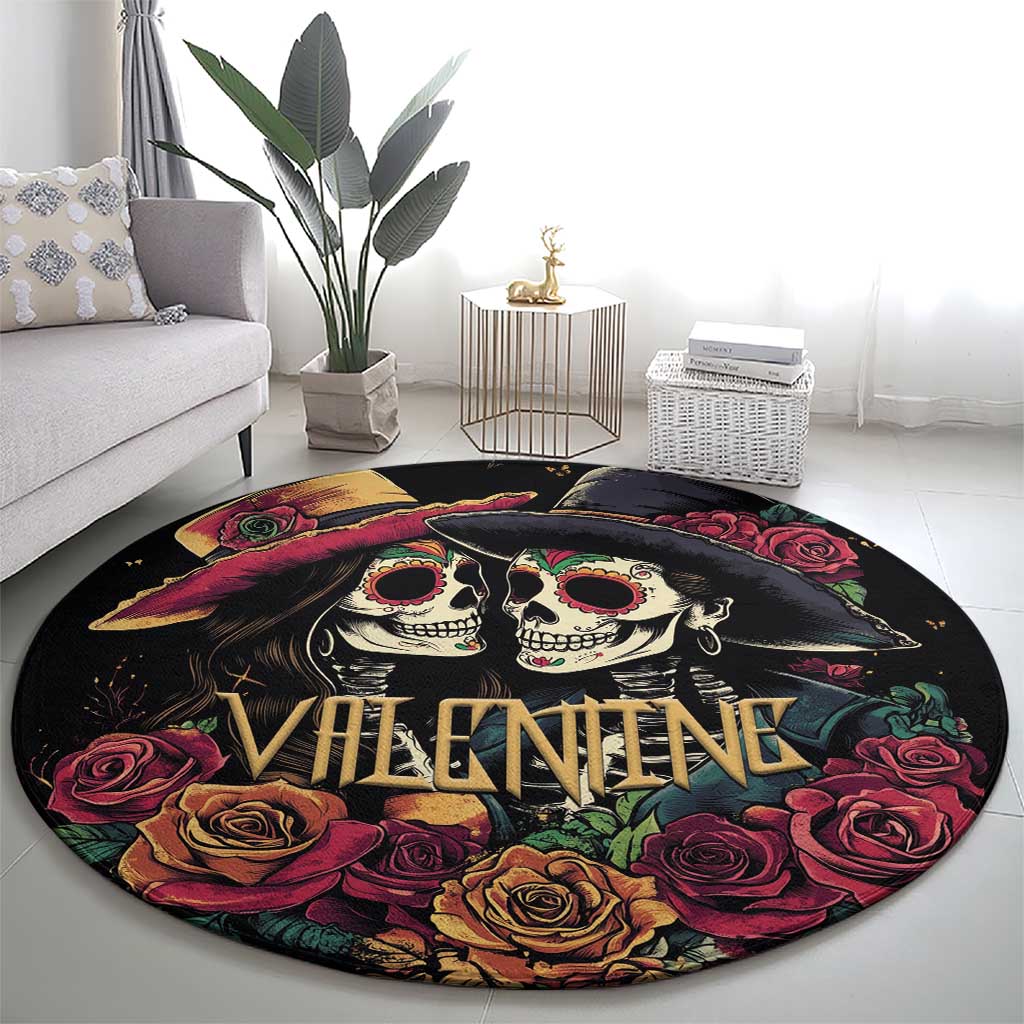 Sugar Skull Couple Valentine Round Carpet Roses Romantic Love