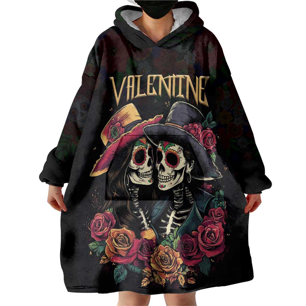 Personalised Sugar Skull Couple Valentine Wearable Blanket Hoodie Roses Romantic Love