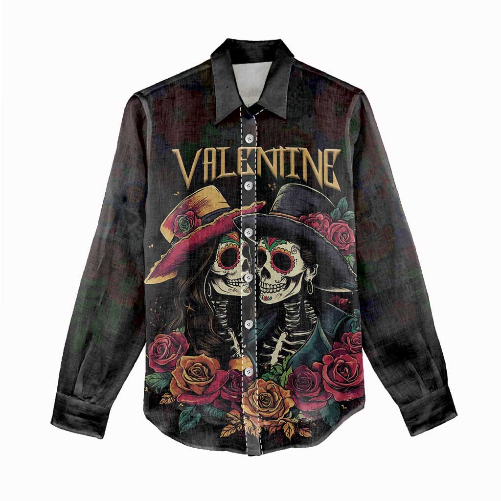 Personalised Sugar Skull Couple Valentine Women Casual Shirt Roses Romantic Love