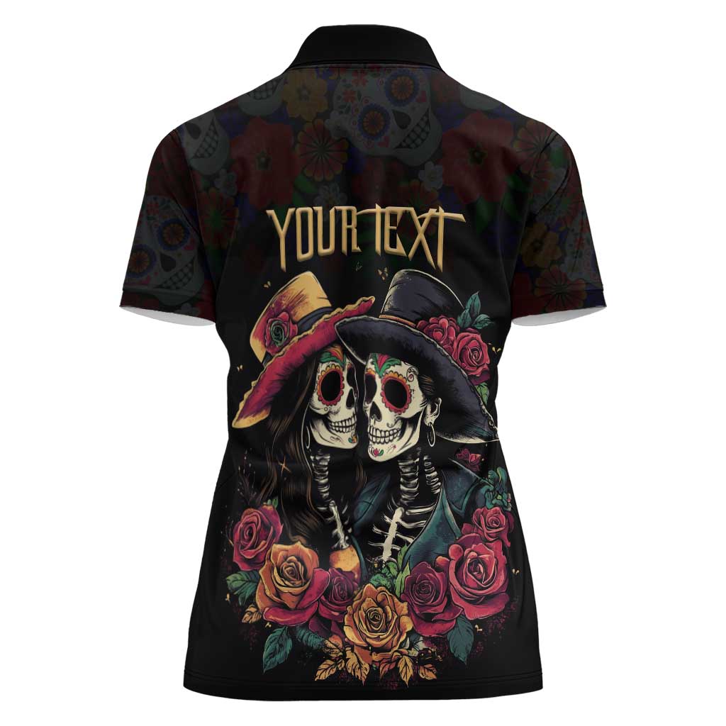 Personalised Sugar Skull Couple Valentine Women Polo Shirt Roses Romantic Love