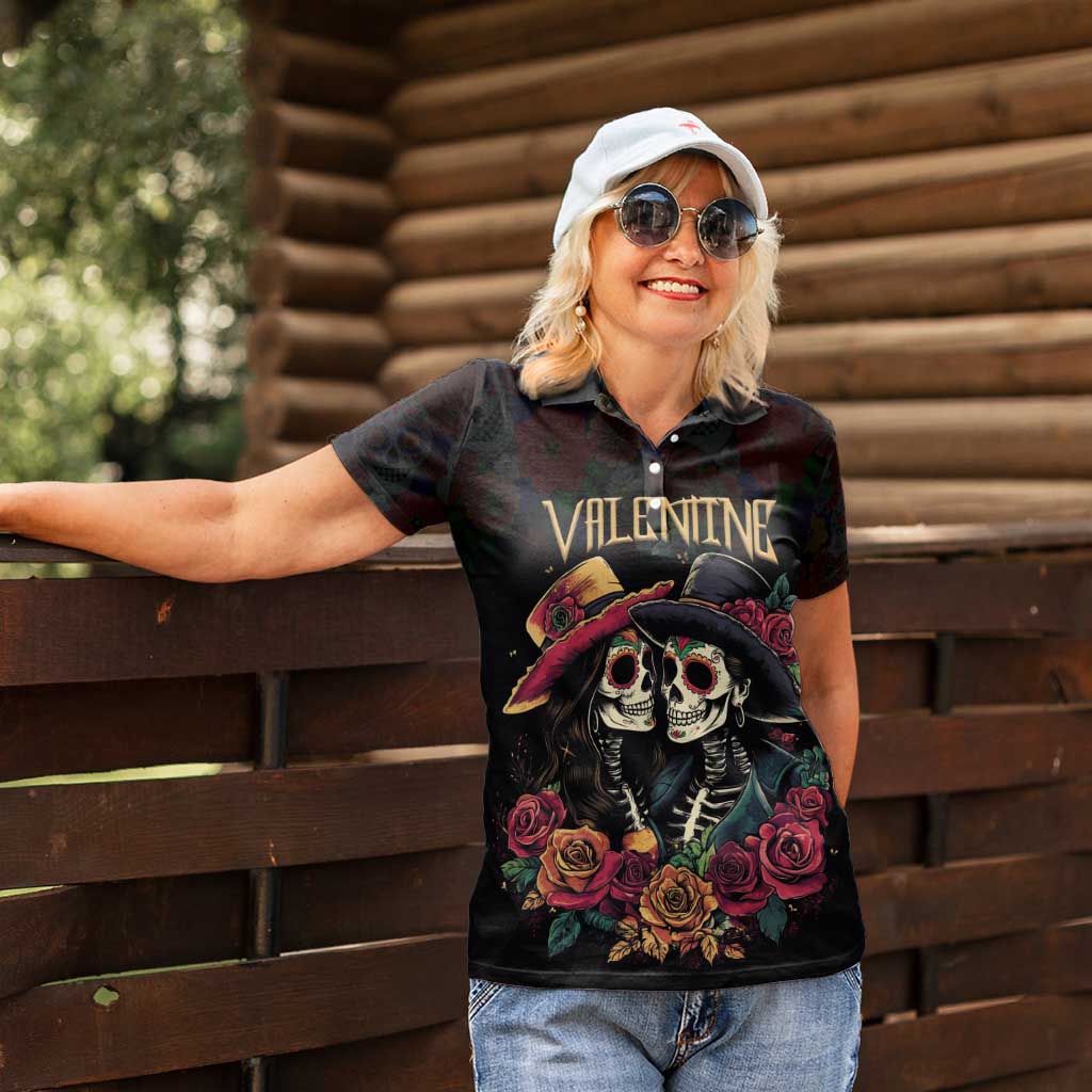 Personalised Sugar Skull Couple Valentine Women Polo Shirt Roses Romantic Love