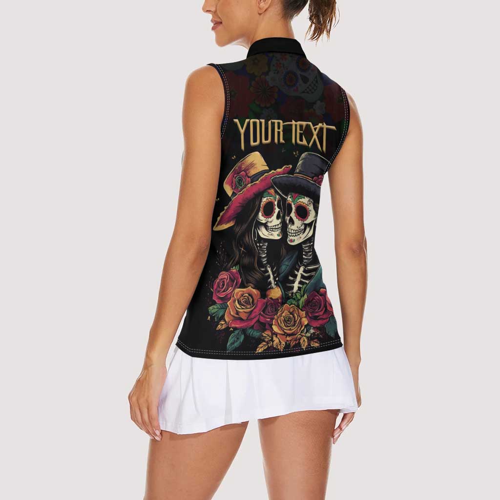 Personalised Sugar Skull Couple Valentine Women Sleeveless Polo Shirt Roses Romantic Love