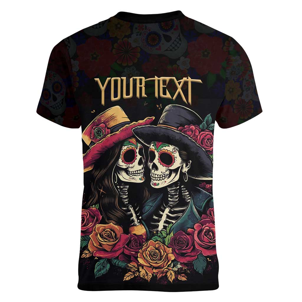 Personalised Sugar Skull Couple Valentine Women V-Neck T-Shirt Roses Romantic Love