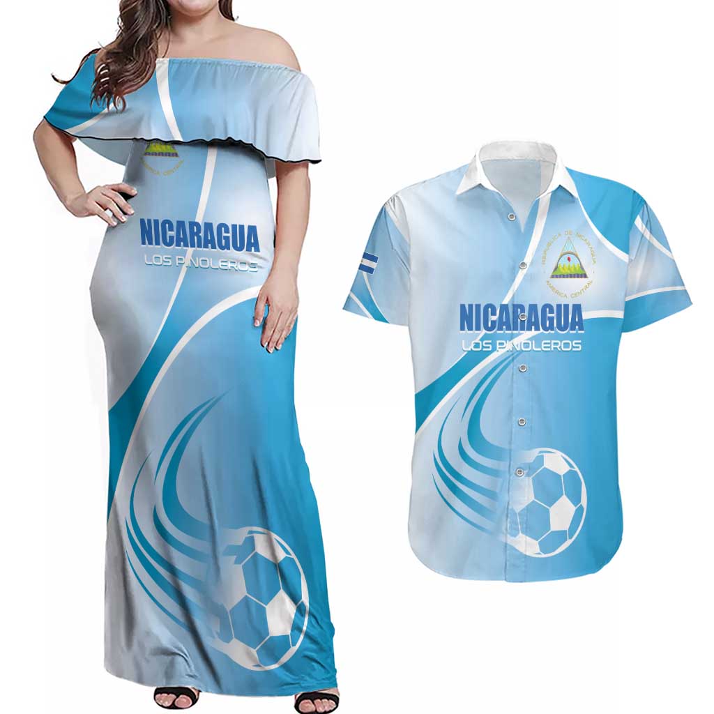 Custom Nicaragua Football Couples Matching Off Shoulder Maxi Dress and Hawaiian Shirt Vamos Los Pinoleros