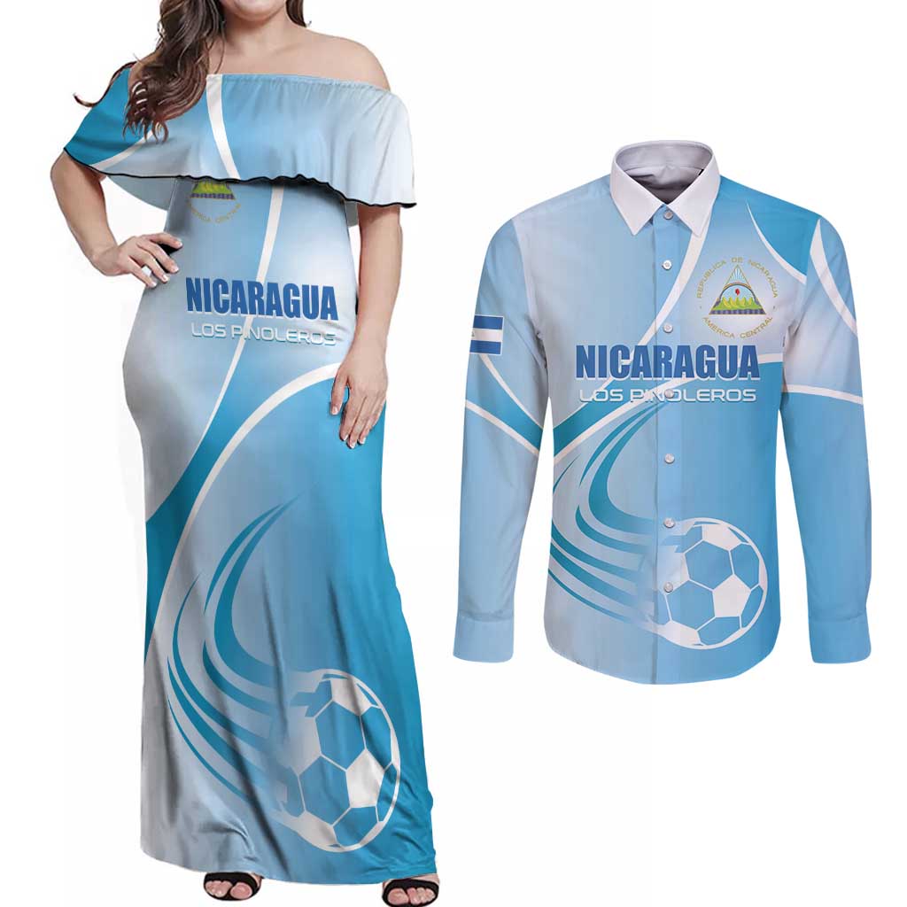 Custom Nicaragua Football Couples Matching Off Shoulder Maxi Dress and Long Sleeve Button Shirt Vamos Los Pinoleros