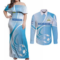 Custom Nicaragua Football Couples Matching Off Shoulder Maxi Dress and Long Sleeve Button Shirt Vamos Los Pinoleros