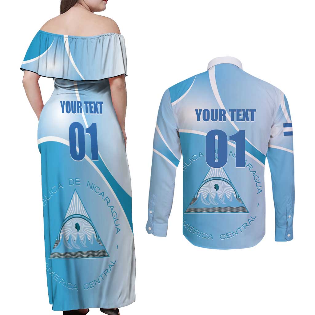Custom Nicaragua Football Couples Matching Off Shoulder Maxi Dress and Long Sleeve Button Shirt Vamos Los Pinoleros