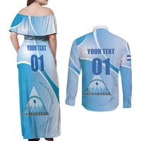 Custom Nicaragua Football Couples Matching Off Shoulder Maxi Dress and Long Sleeve Button Shirt Vamos Los Pinoleros