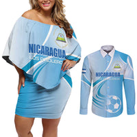 Custom Nicaragua Football Couples Matching Off Shoulder Short Dress and Long Sleeve Button Shirt Vamos Los Pinoleros
