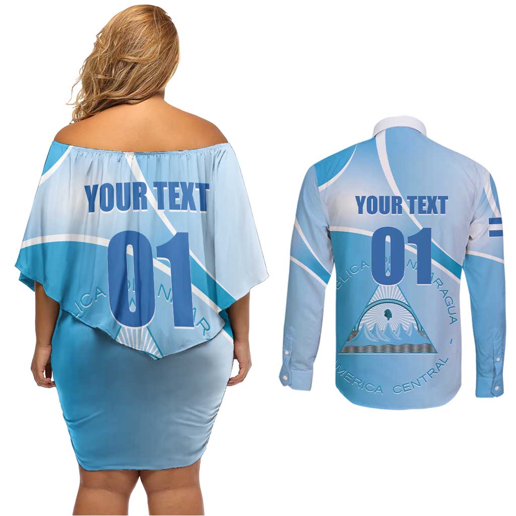 Custom Nicaragua Football Couples Matching Off Shoulder Short Dress and Long Sleeve Button Shirt Vamos Los Pinoleros