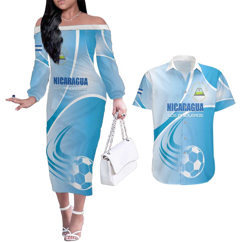 Custom Nicaragua Football Couples Matching Off The Shoulder Long Sleeve Dress and Hawaiian Shirt Vamos Los Pinoleros