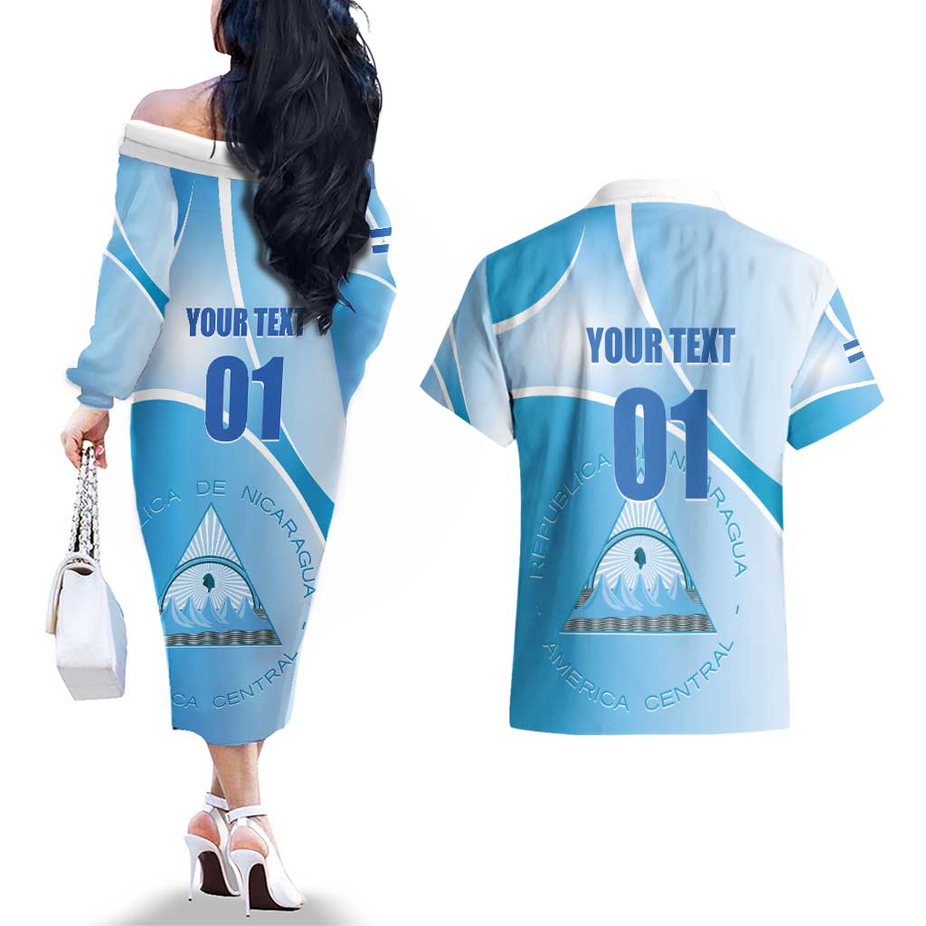 Custom Nicaragua Football Couples Matching Off The Shoulder Long Sleeve Dress and Hawaiian Shirt Vamos Los Pinoleros