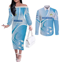 Custom Nicaragua Football Couples Matching Off The Shoulder Long Sleeve Dress and Long Sleeve Button Shirt Vamos Los Pinoleros