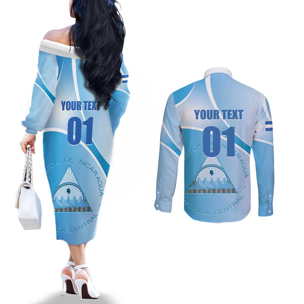 Custom Nicaragua Football Couples Matching Off The Shoulder Long Sleeve Dress and Long Sleeve Button Shirt Vamos Los Pinoleros