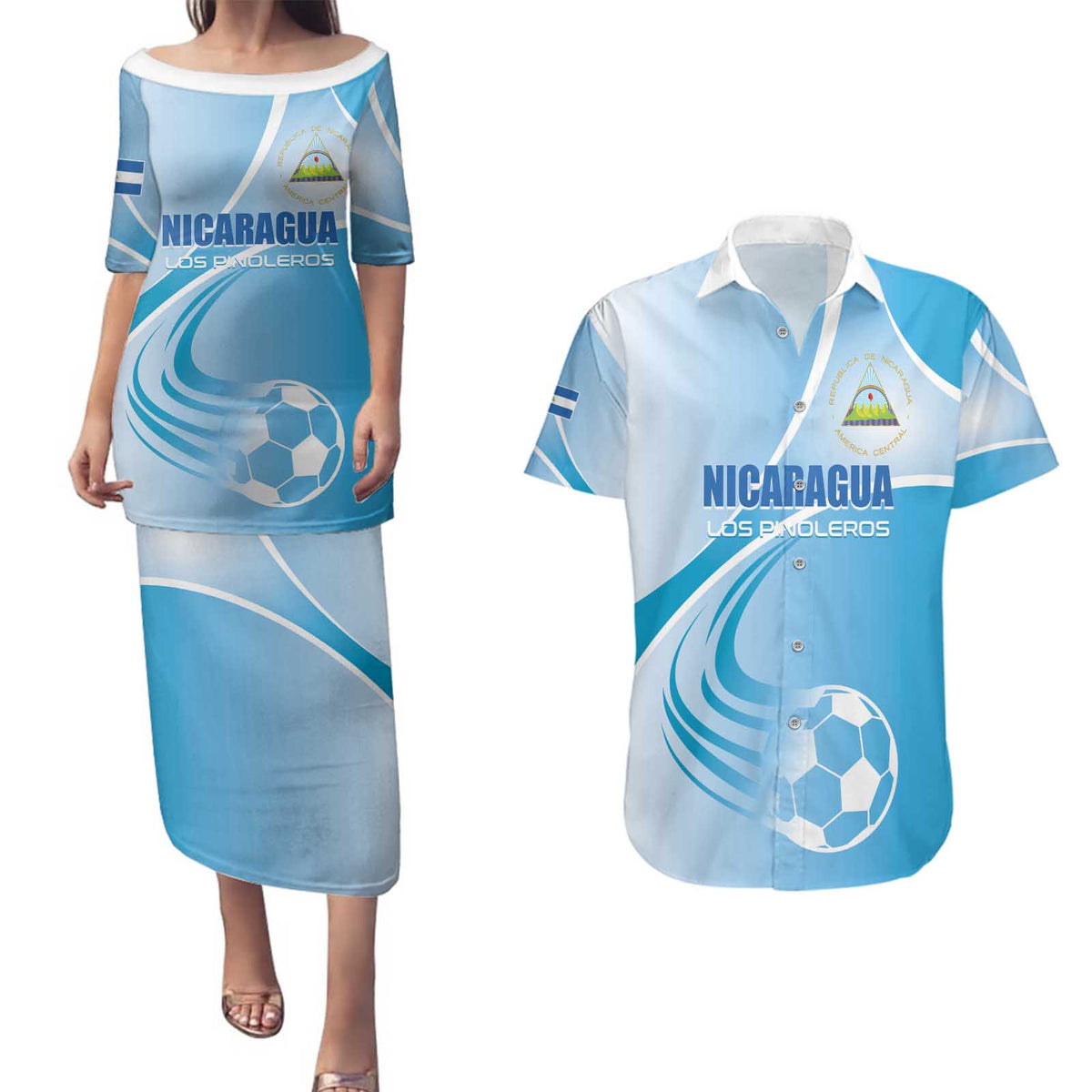 Custom Nicaragua Football Couples Matching Puletasi and Hawaiian Shirt Vamos Los Pinoleros