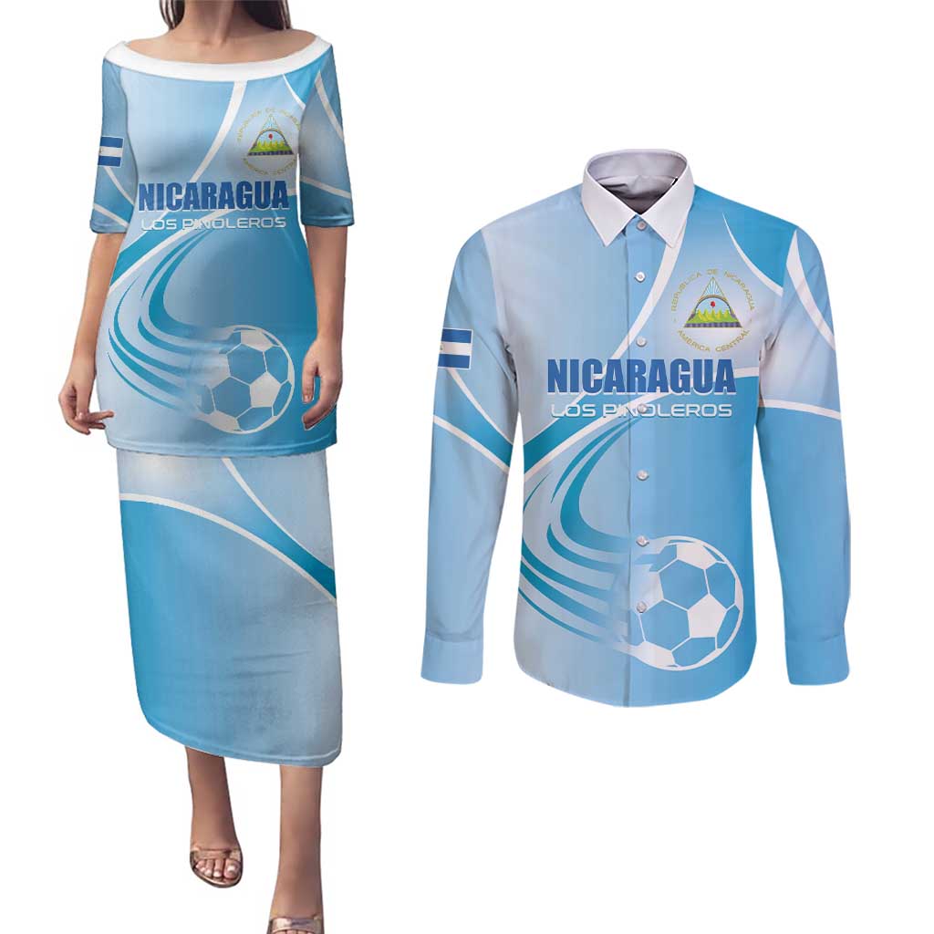 Custom Nicaragua Football Couples Matching Puletasi and Long Sleeve Button Shirt Vamos Los Pinoleros