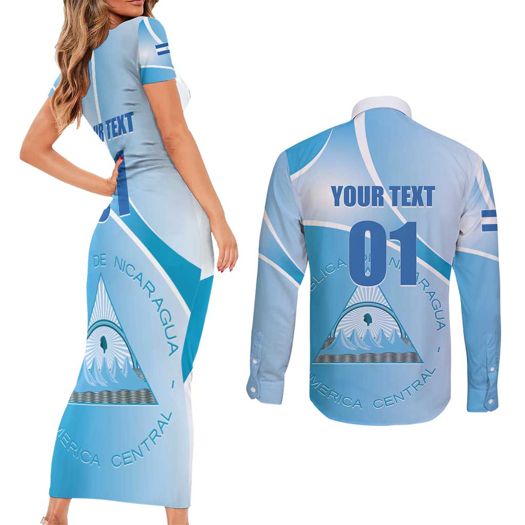 Custom Nicaragua Football Couples Matching Short Sleeve Bodycon Dress and Long Sleeve Button Shirt Vamos Los Pinoleros