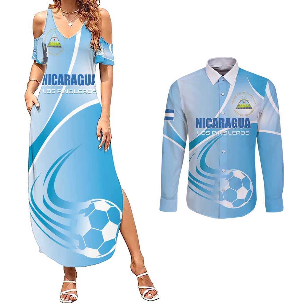 Custom Nicaragua Football Couples Matching Summer Maxi Dress and Long Sleeve Button Shirt Vamos Los Pinoleros