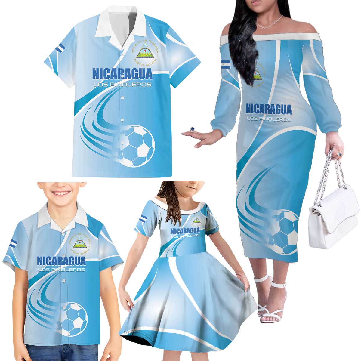 Custom Nicaragua Football Family Matching Off The Shoulder Long Sleeve Dress and Hawaiian Shirt Vamos Los Pinoleros