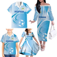 Custom Nicaragua Football Family Matching Off The Shoulder Long Sleeve Dress and Hawaiian Shirt Vamos Los Pinoleros