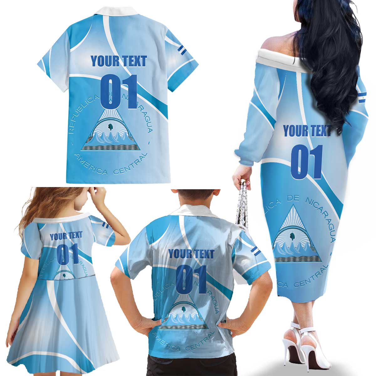 Custom Nicaragua Football Family Matching Off The Shoulder Long Sleeve Dress and Hawaiian Shirt Vamos Los Pinoleros