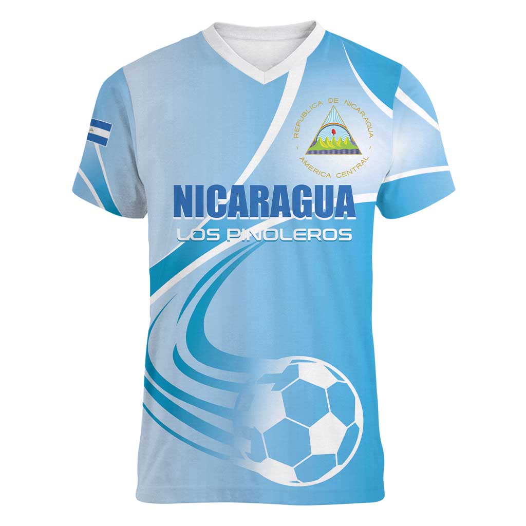 Custom Nicaragua Football Women V-Neck T-Shirt Vamos Los Pinoleros