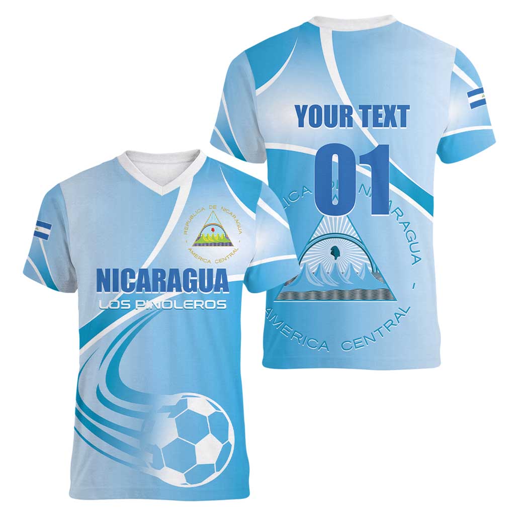 Custom Nicaragua Football Women V-Neck T-Shirt Vamos Los Pinoleros