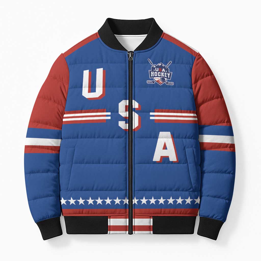 Custom Hockey 2026 USA Blue Bomber Puffer Jacket United States Go Champions
