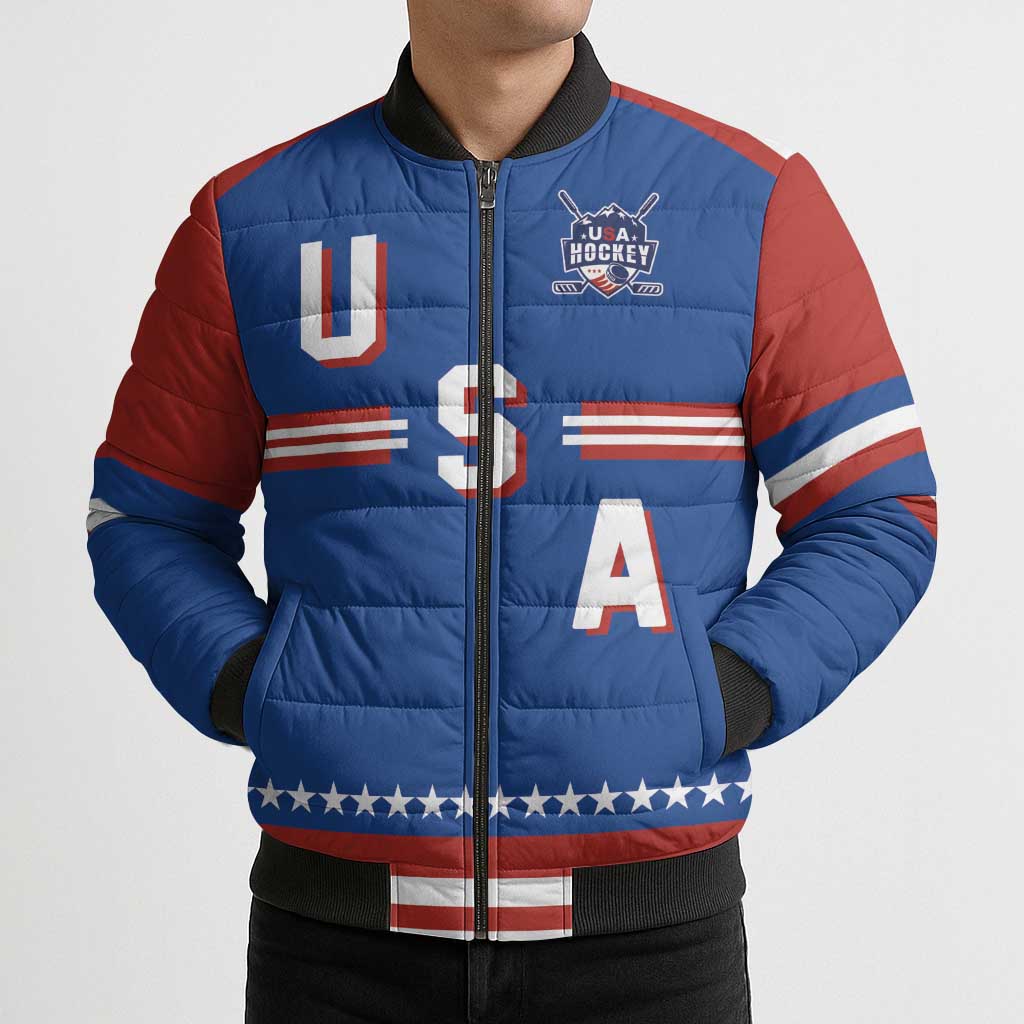 Custom Hockey 2026 USA Blue Bomber Puffer Jacket United States Go Champions