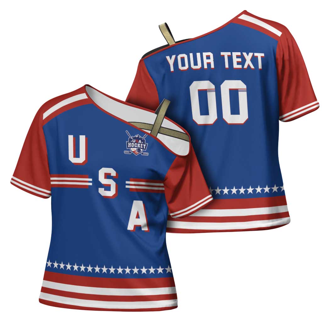 Custom Hockey 2026 USA Blue Cross Shoulder Shirt United States Go Champions