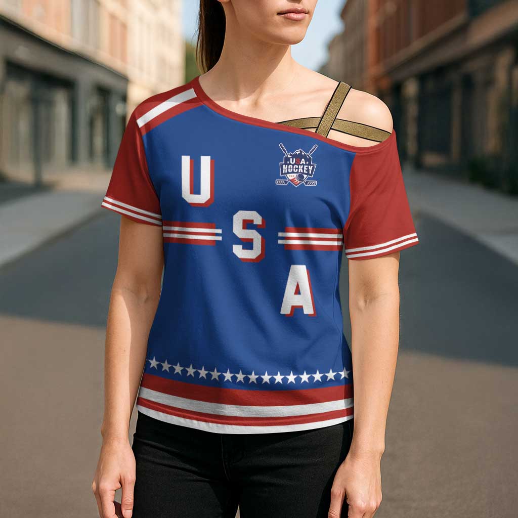 Custom Hockey 2026 USA Blue Cross Shoulder Shirt United States Go Champions