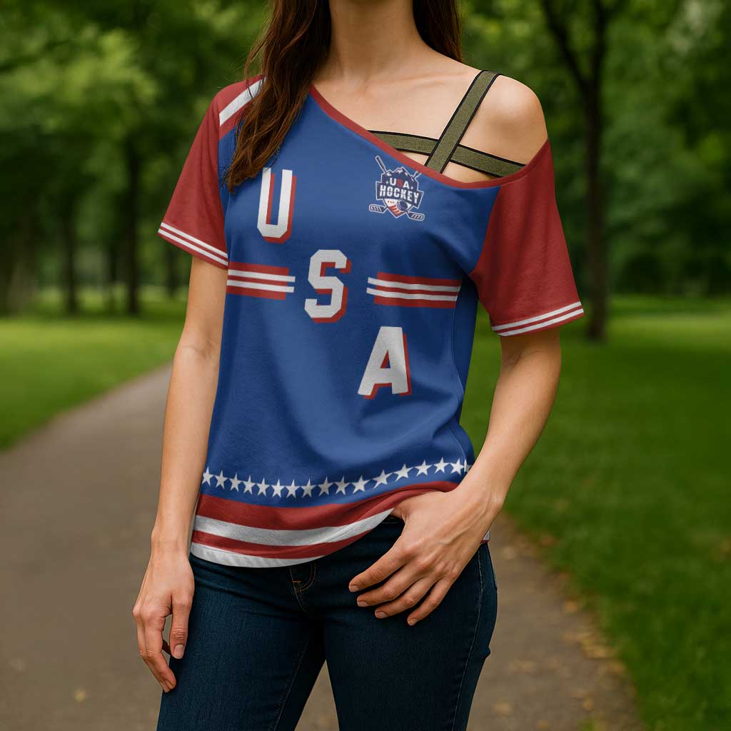 Custom Hockey 2026 USA Blue Cross Shoulder Shirt United States Go Champions
