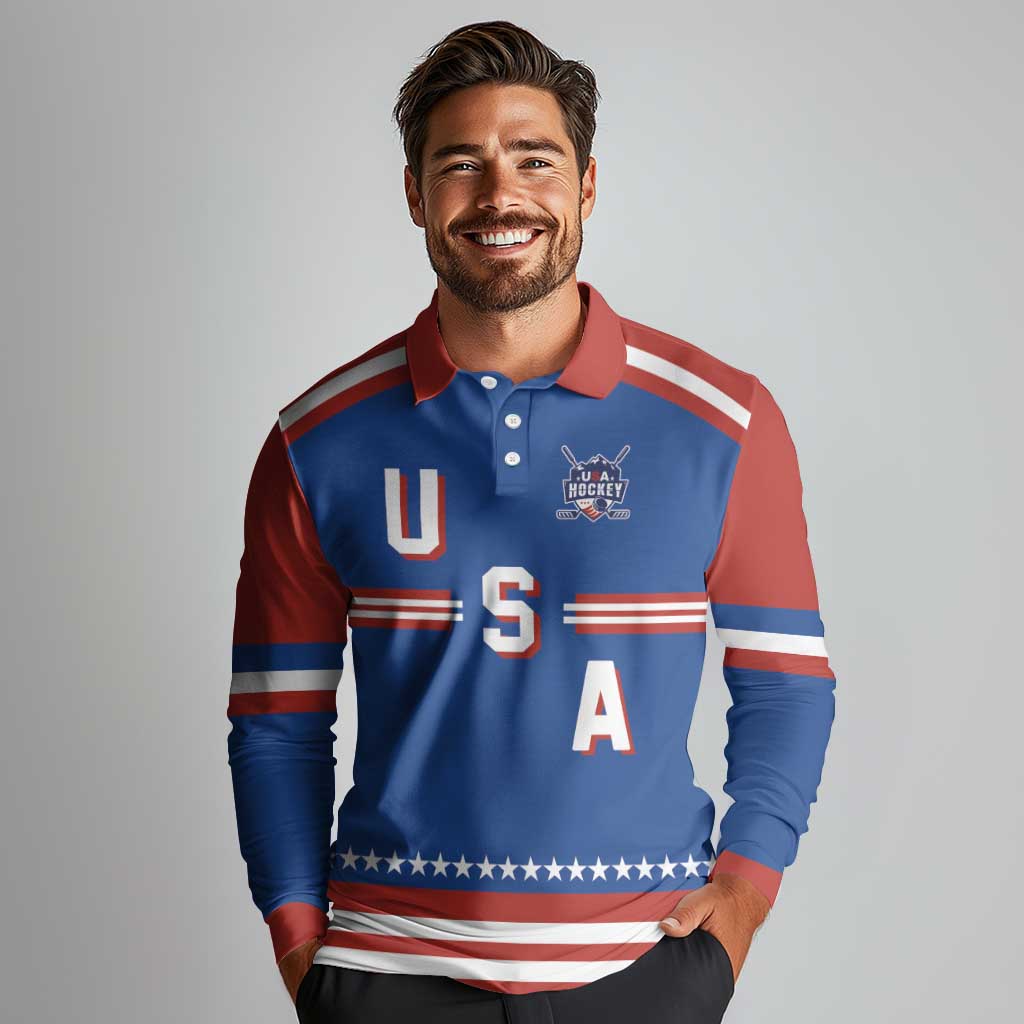 Custom Hockey 2026 USA Blue Long Sleeve Polo Shirt United States Go Champions
