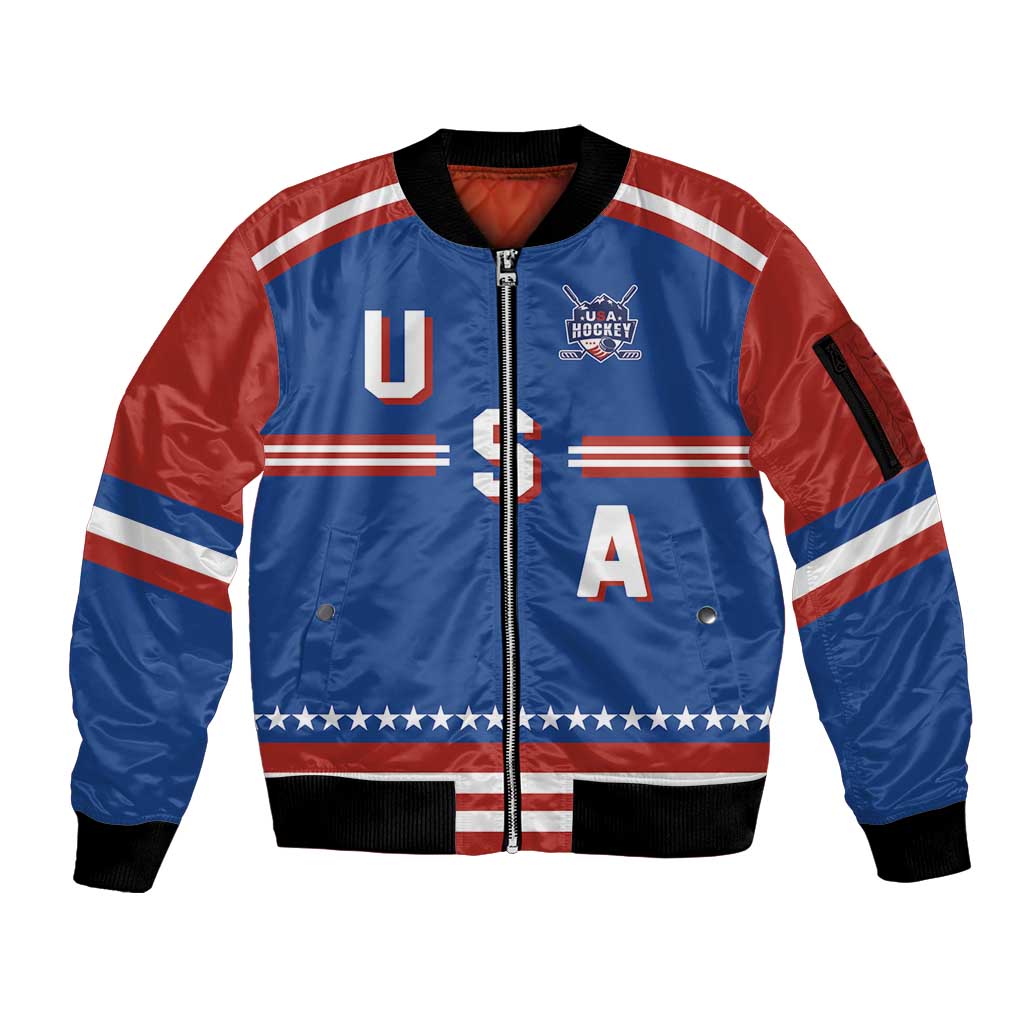 Custom Hockey 2026 USA Blue Sleeve Zip Bomber Jacket United States Go Champions