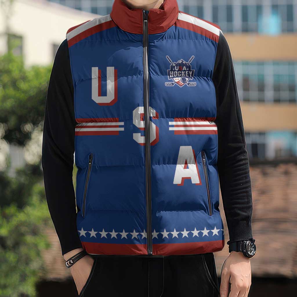 Custom Hockey 2026 USA Blue Sleeveless Puffer Jacket United States Go Champions