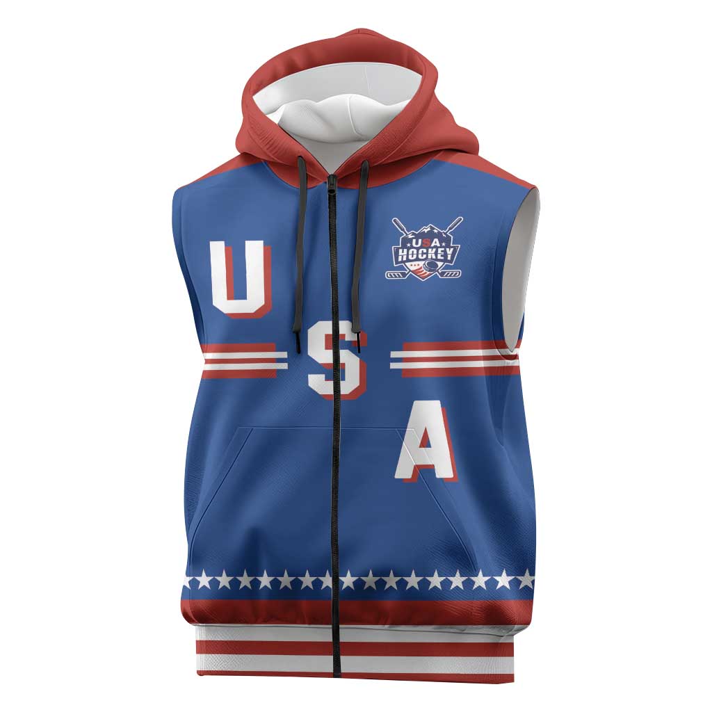 Custom Hockey 2026 USA Blue Sleeveless Zip Hoodie United States Go Champions