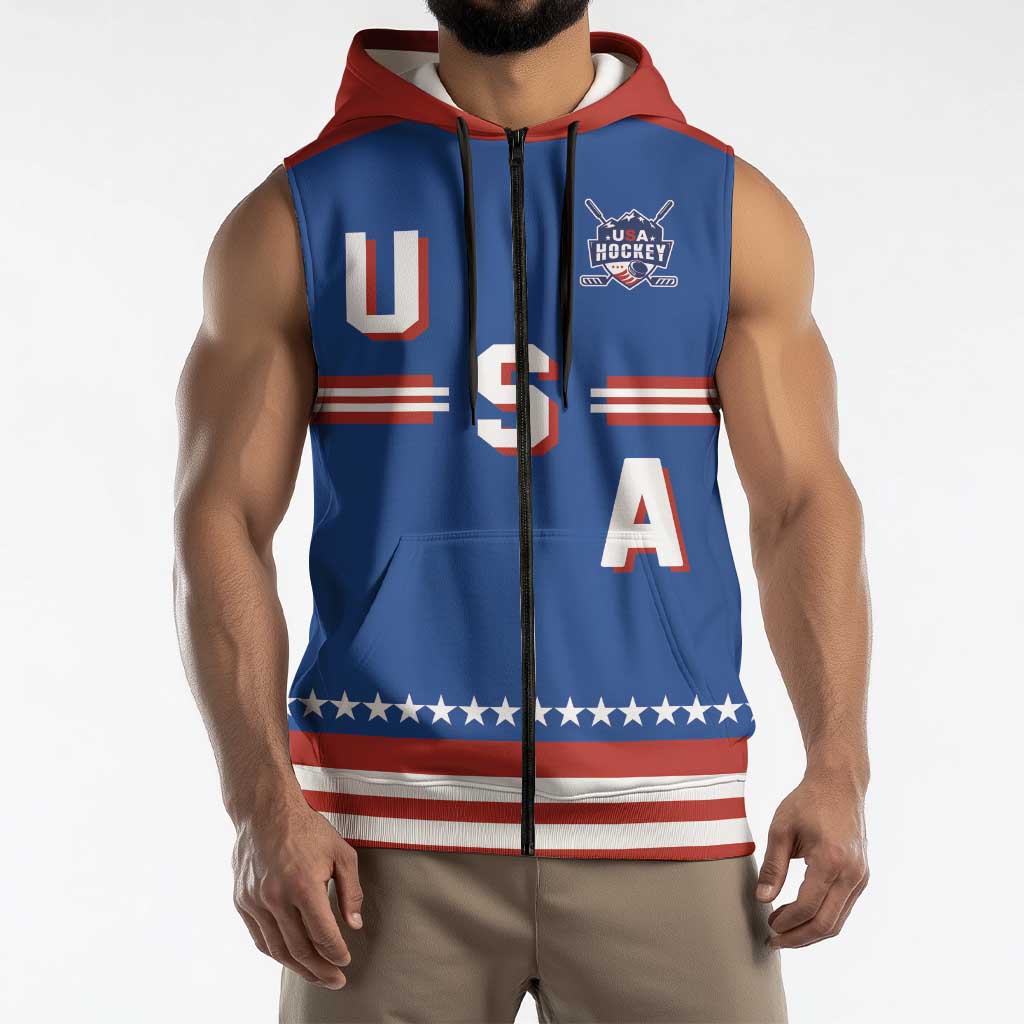 Custom Hockey 2026 USA Blue Sleeveless Zip Hoodie United States Go Champions
