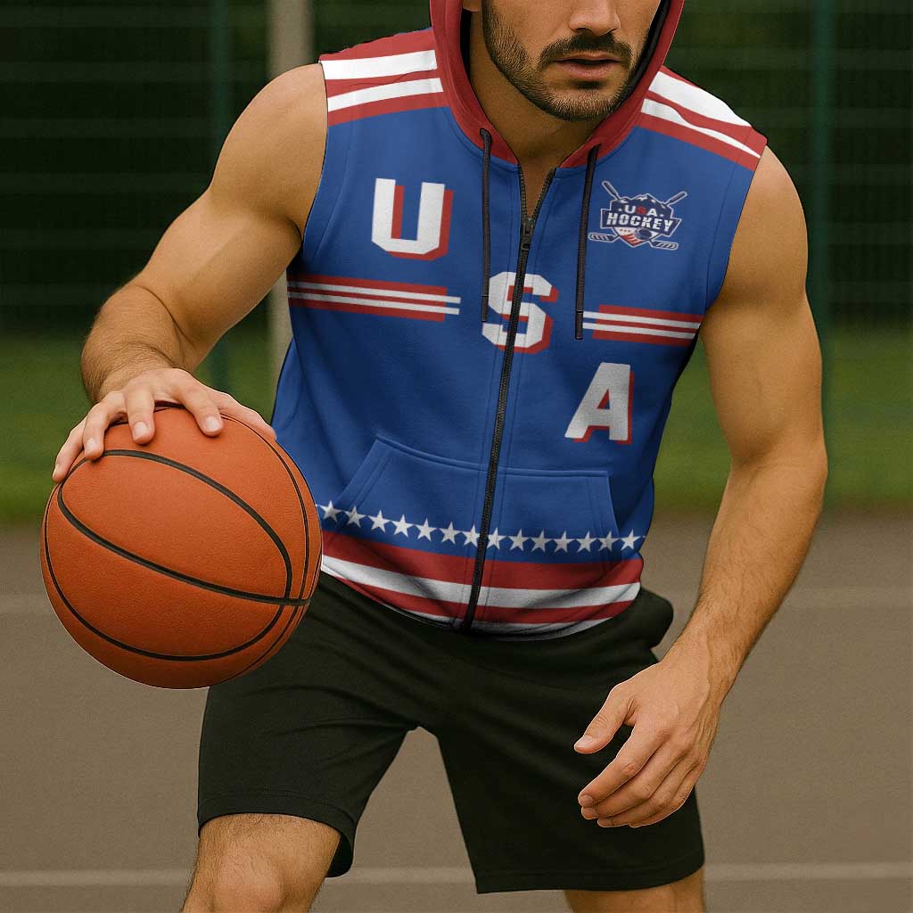 Custom Hockey 2026 USA Blue Sleeveless Zip Hoodie United States Go Champions