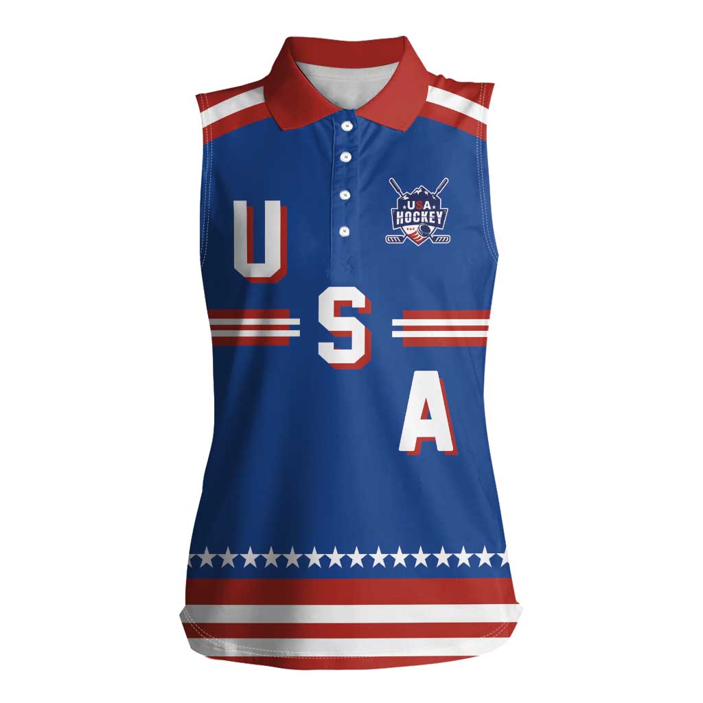 Custom Hockey 2026 USA Blue Women Sleeveless Polo Shirt United States Go Champions