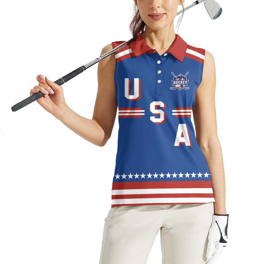 Custom Hockey 2026 USA Blue Women Sleeveless Polo Shirt United States Go Champions