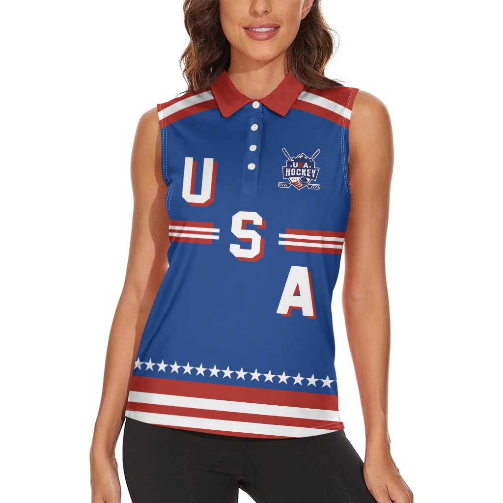 Custom Hockey 2026 USA Blue Women Sleeveless Polo Shirt United States Go Champions