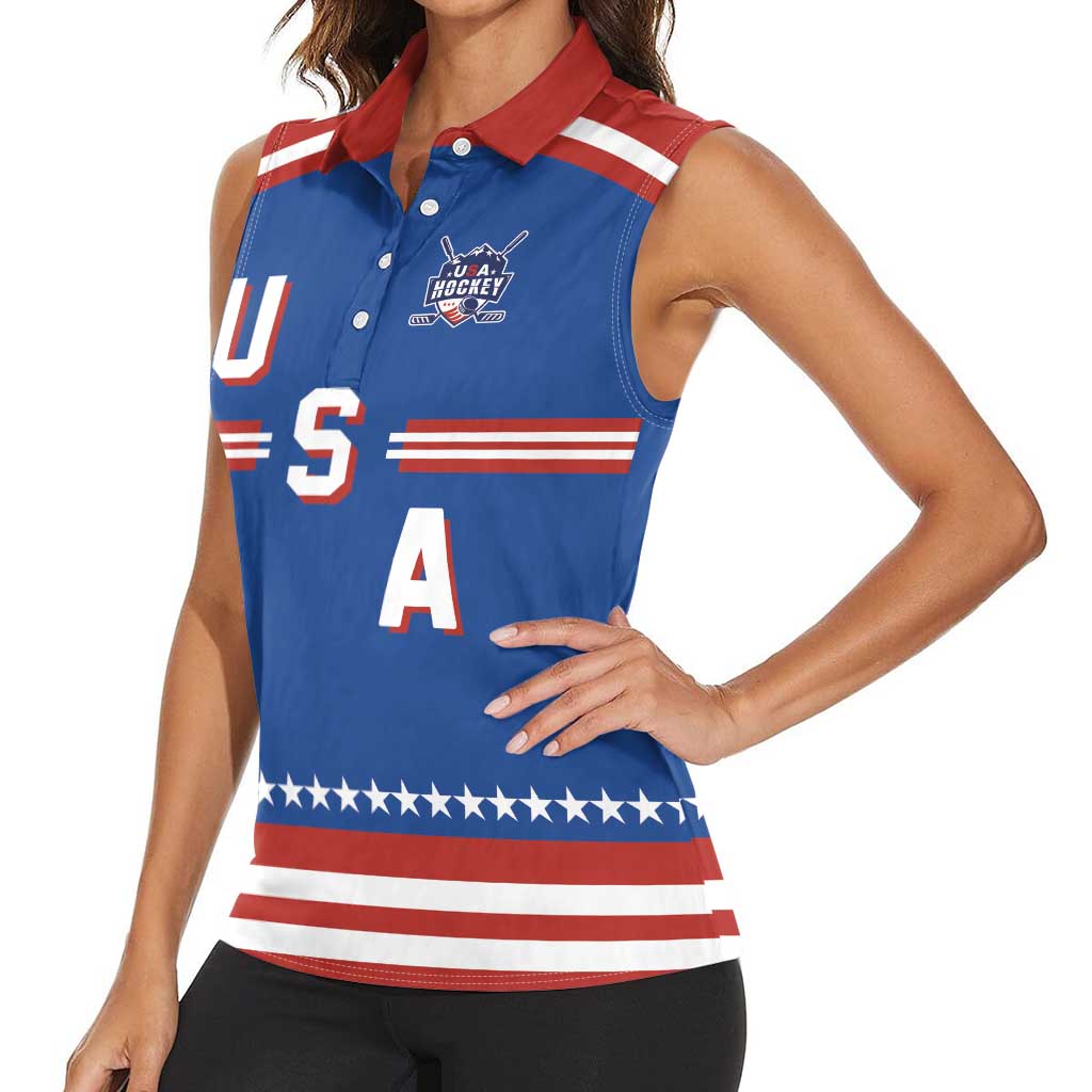 Custom Hockey 2026 USA Blue Women Sleeveless Polo Shirt United States Go Champions